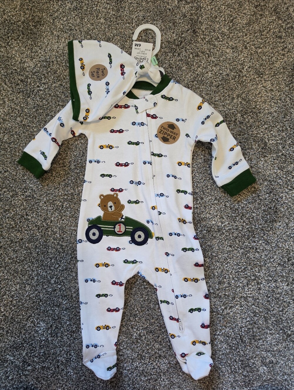 Baby Bear Race Car Cotton One-Piece In White and Green
